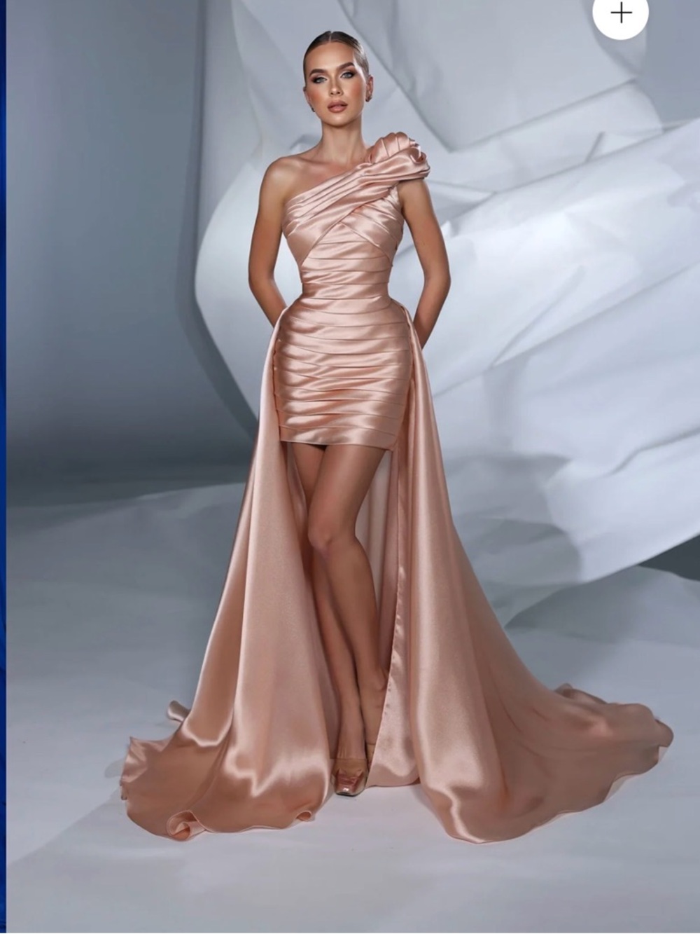 MODESSA COUTURE M24639CL DRESS - Rose Gold Dress with Dramatic Train